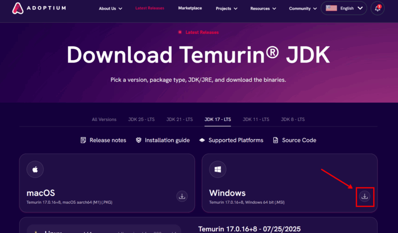 JDK17 ダウンロード画面