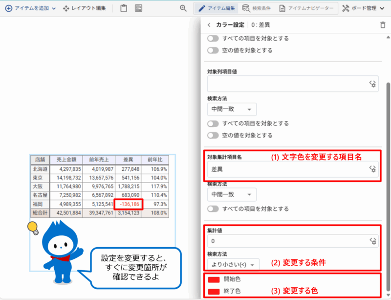 文字色を変更する条件を設定する(差異)