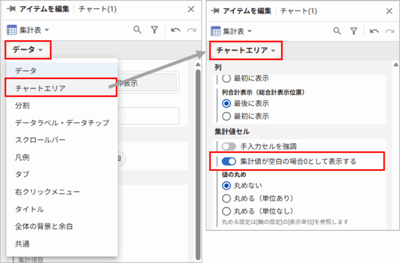 集計表で0を表示する設定画面